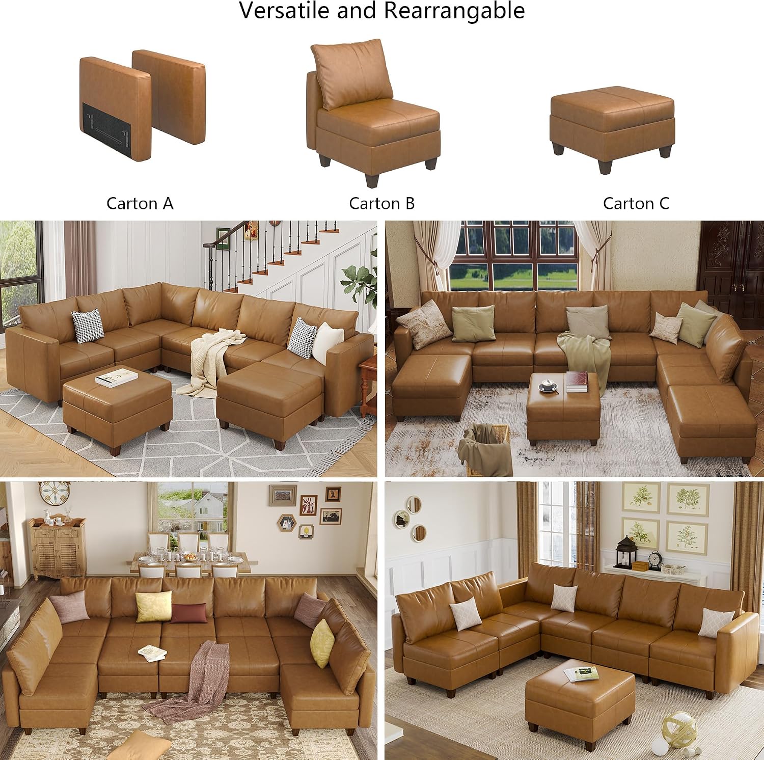 EASE MOOSE Modular Sectional Loveseat Sofa Couch with Storage Seats, 2 Seat Faux Leather Convertible Modular Sofa Love Seats for Small Spaces，Brown