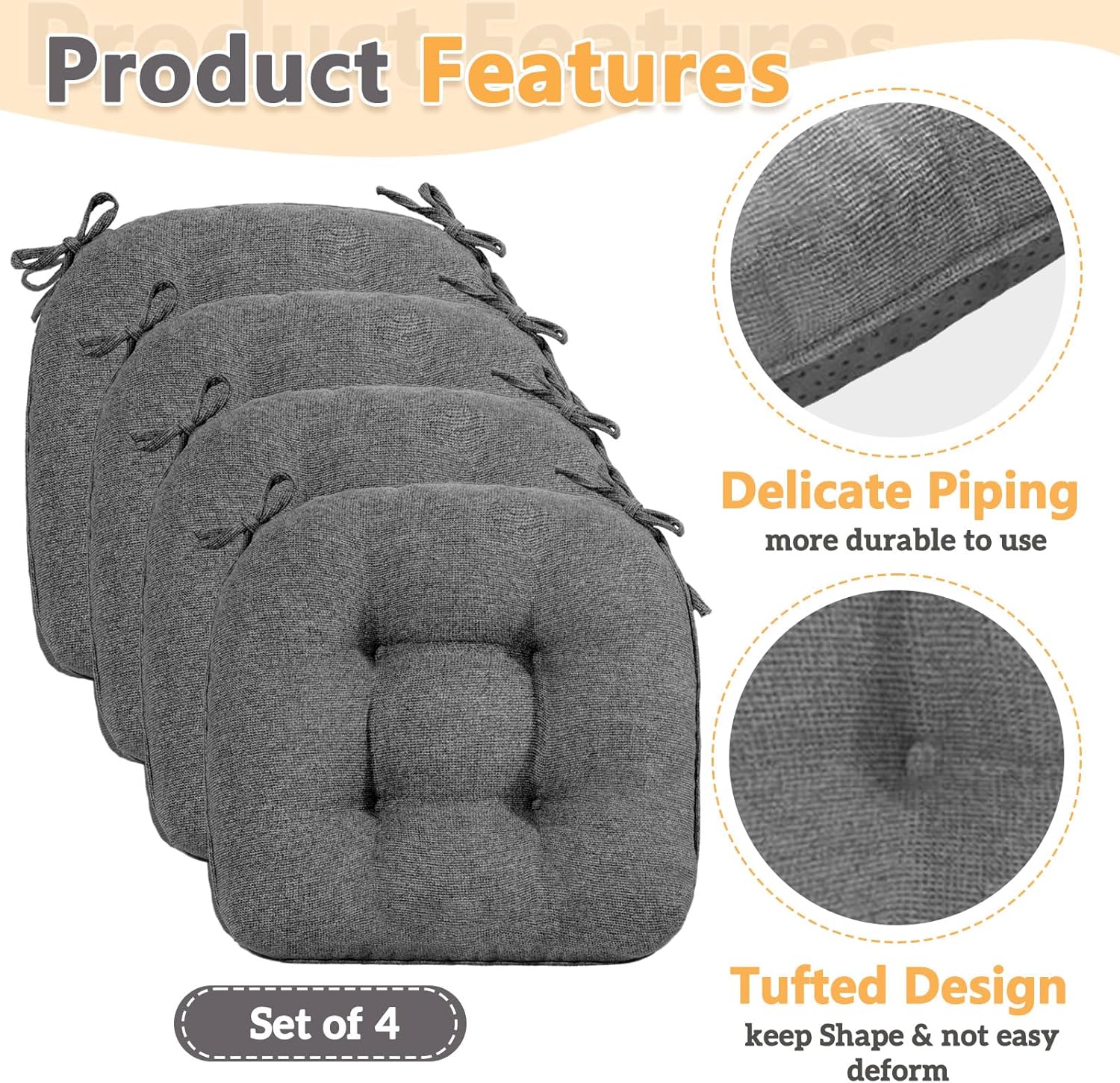 MAGIC ELEPHANT Chair Cushions for Dining Chair, Shredded Memory Foam Kitchen Chair Cushions Set of 4, Non-Slip Thick Dinning Room Chair Pads Seat Cushions, 15.5" x 15.5" x 4" (Grey)