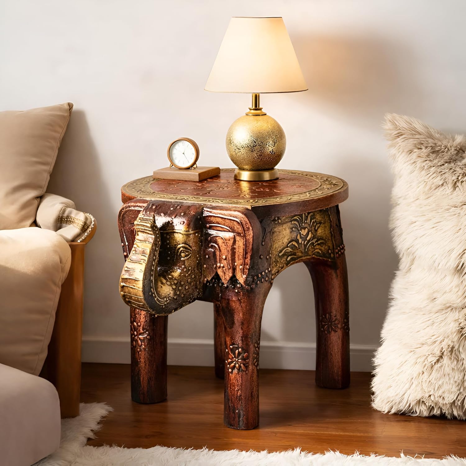 End Table, Handmade Wooden Elephant Side Table, Small Round End Table, Nightstand with Tapered Legs, for Small Spaces, Living Room, Bedroom, Rustic Wooden Stools