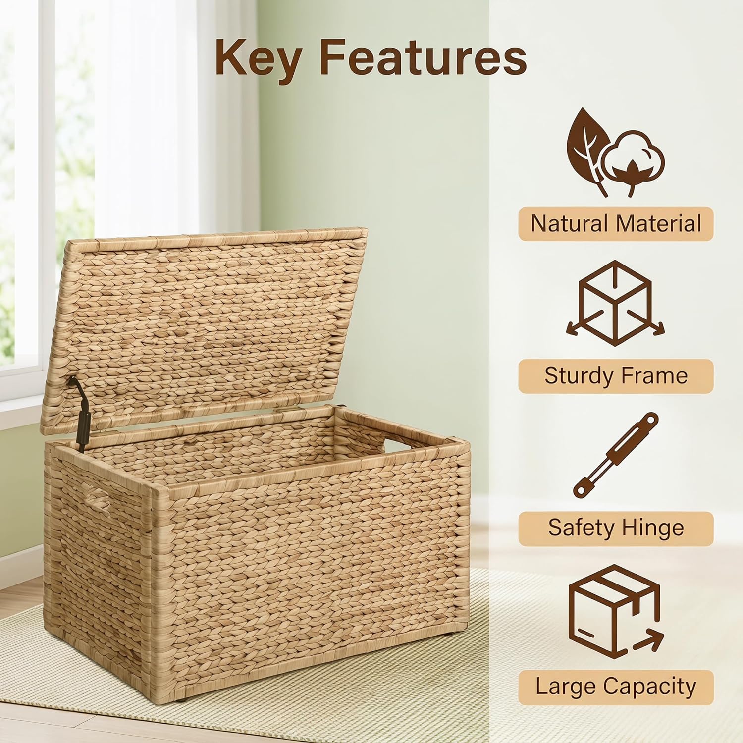 Handwoven Water Hyacinth Storage Trunk: Heavy Duty Metal Frame Wicker Chest Box 42×20×18.5in Natural Finish for Home Decor & Space Saving