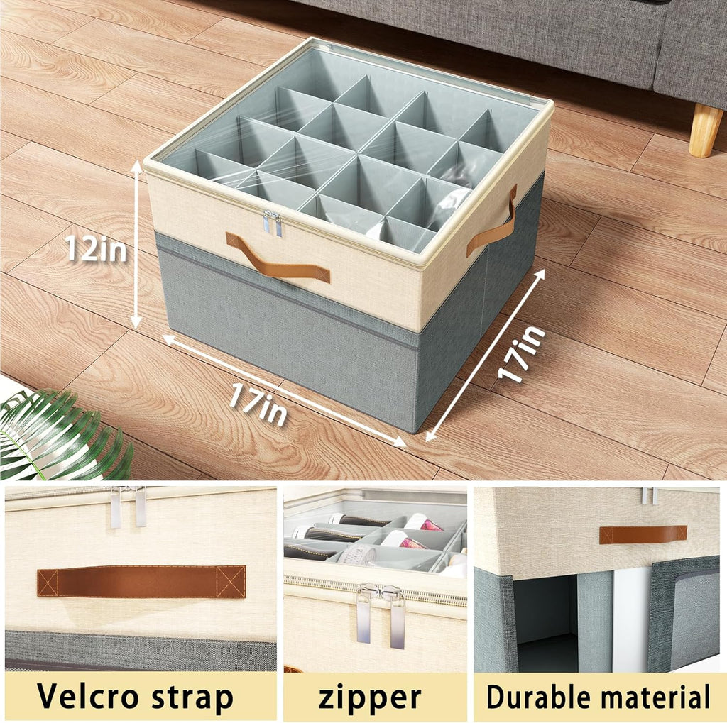Shoe Organizer for Closet, 2 Pack Foldable Shoe Storage Organizer Box Bin with Adjustable Dividers and Clear Cover, Fits up to 16-32 Pairs（Grey&Beige）