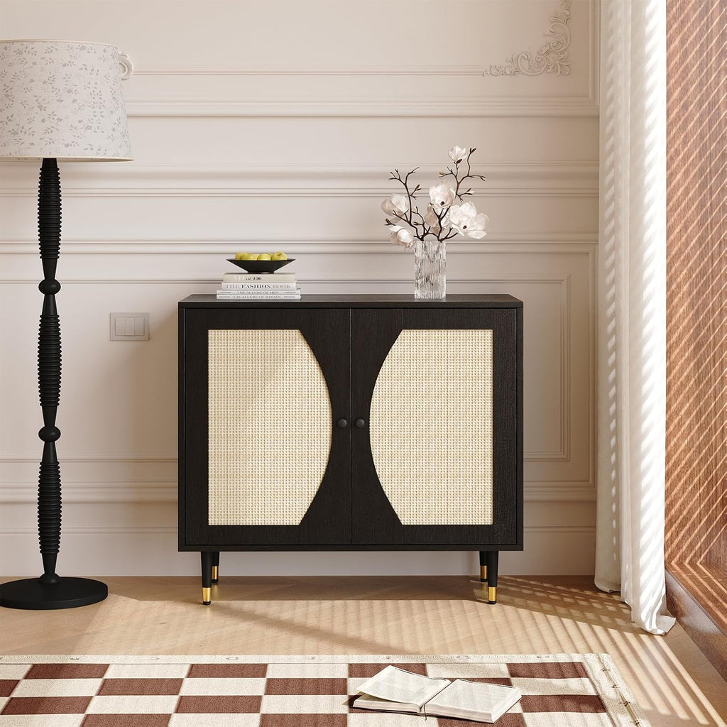 4ever2buy Black Rattan Cabinet, Rattan Buffet Cabinet with Storage, Accent Sideboard Buffet with Adjustable Shelves for Kitchen and Dining Room