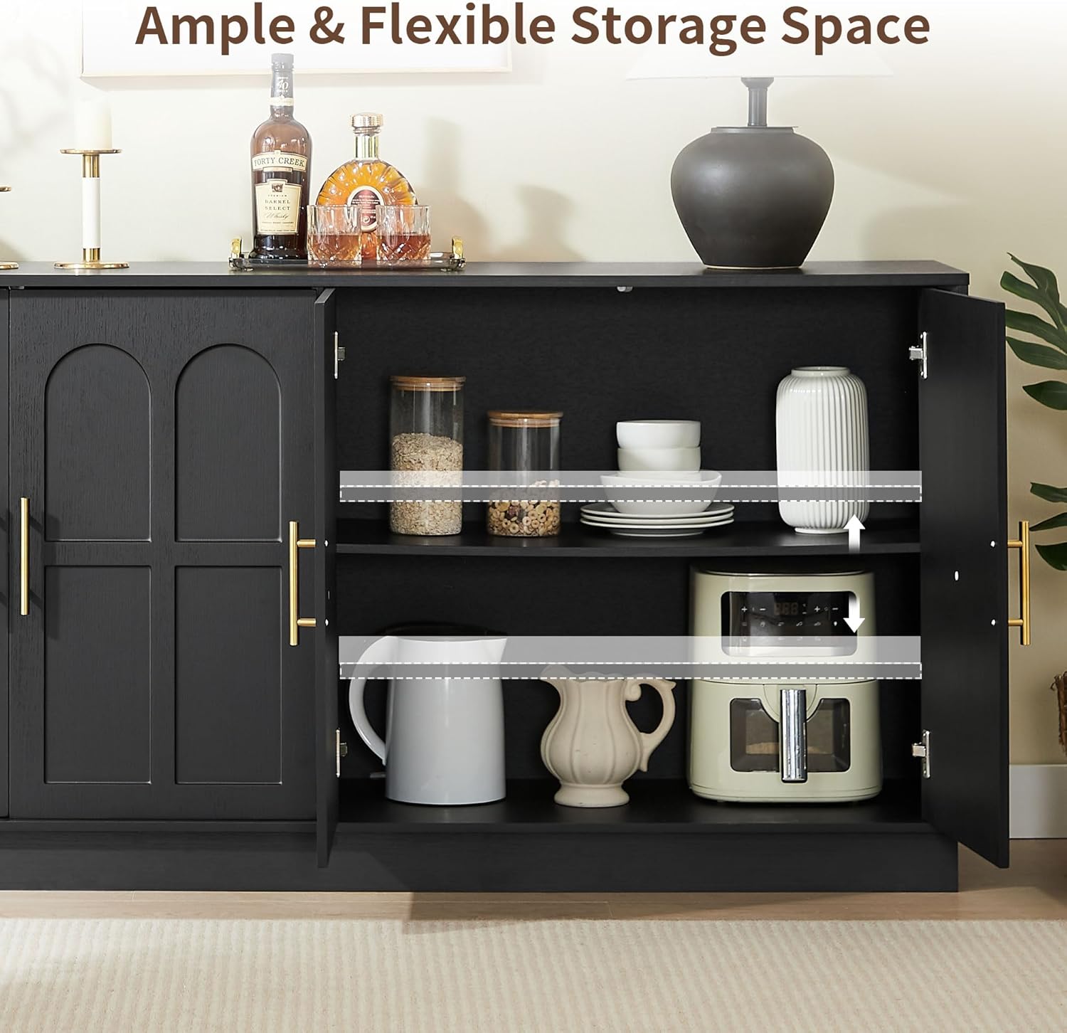 66.5" Sideboard Buffet Cabinet with Storage, Modern Credenza with Arched Doors, Large Wood Accent Cabinet for Living Room Entryway (Black)