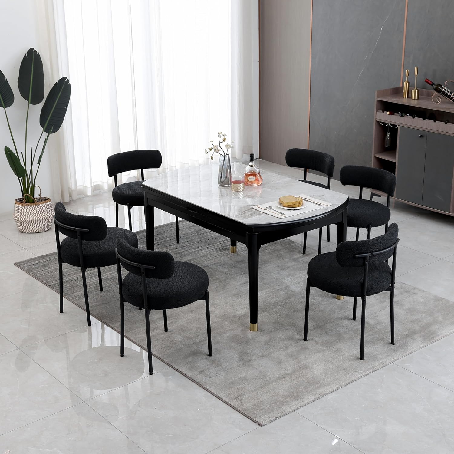 DYHOME Black Boucle Dining Chairs Set of 4, Modern Upholstered Dining Chairs with 4" Thick Cushion and Sturdy Metal Legs for Dining Room, Kitchen