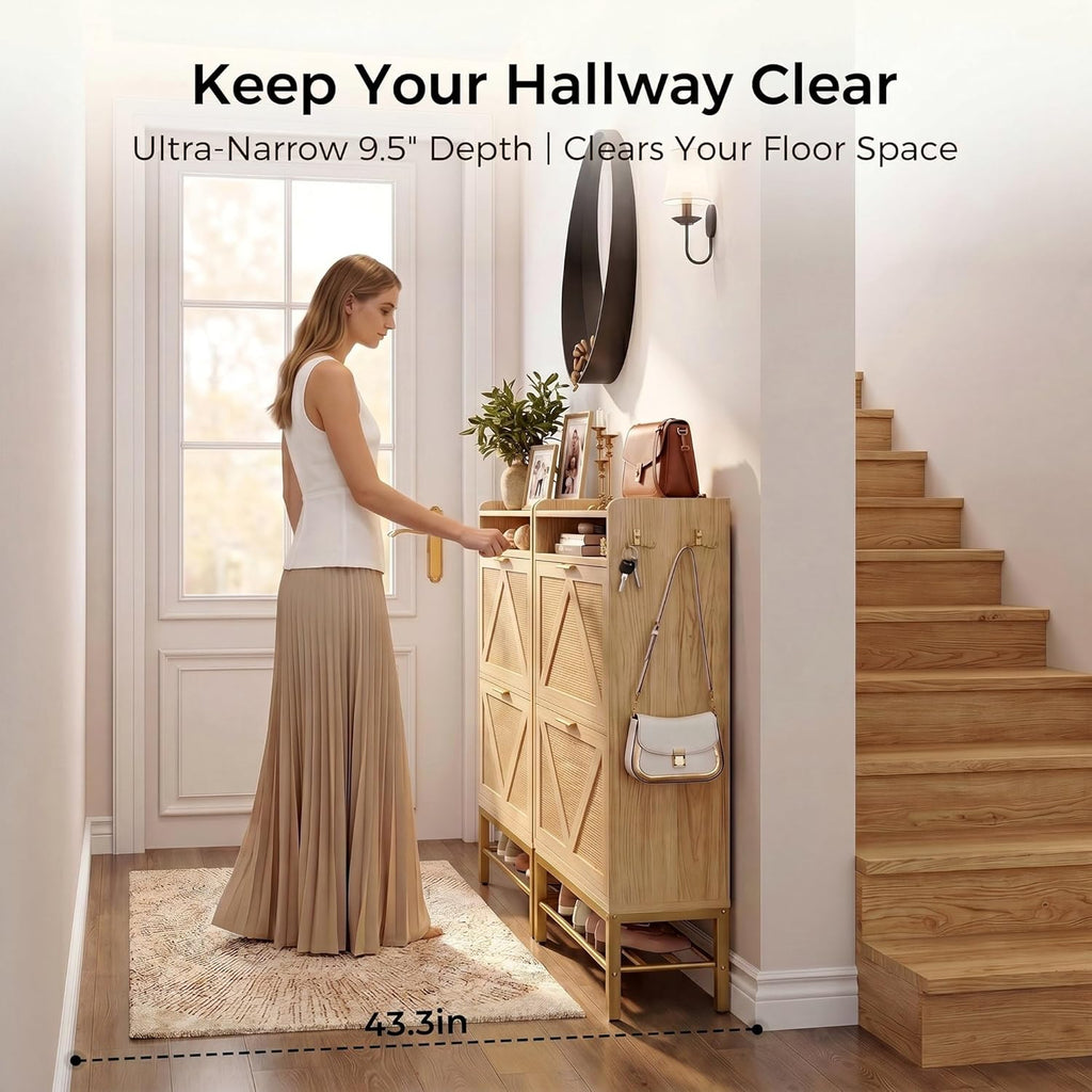 IRONCK Shoe Storage Cabinet with 2 Flip Drawers, 47.9" Tall Narrow Entryway Shoe Storage, Free Standing with 4 Side Hooks and Bottom Metal Rack, Natural Rattan Shoe Rack for Hallway and Entryway