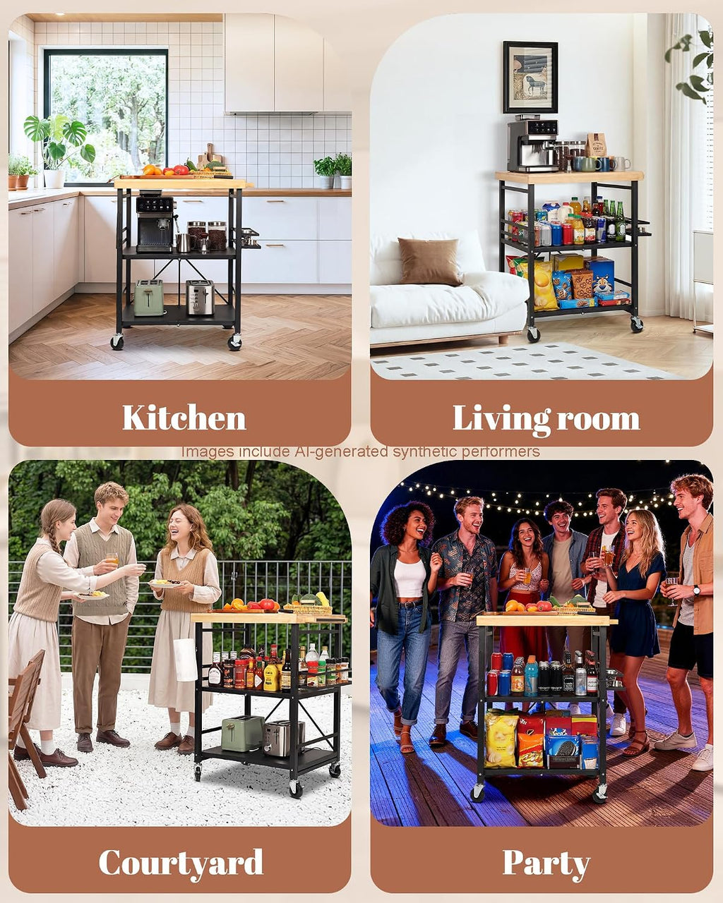 Mythinglogic Foldable Kitchen Cart with Wheels, Rolling Kitchen Island with Wood Top, 3-Tier Microwave Stand Coffee Bar Cart with Side Storage Rack, Black