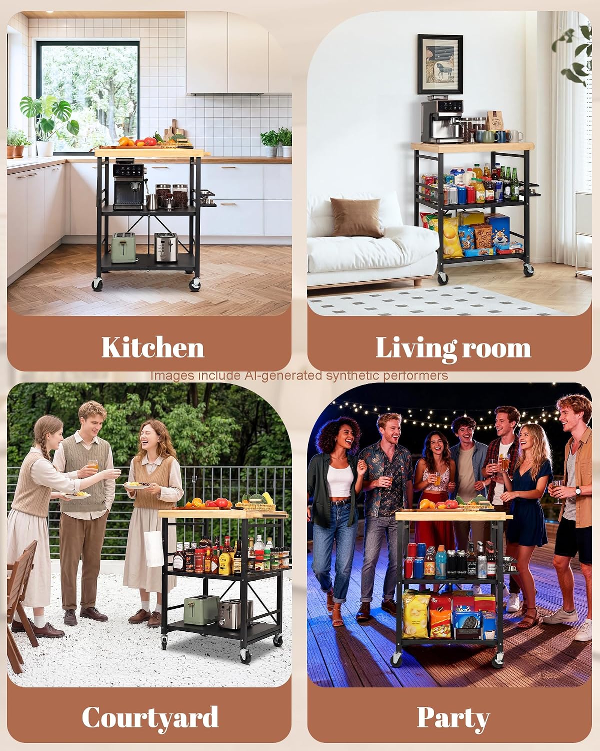 Mythinglogic Foldable Kitchen Cart with Wheels, Rolling Kitchen Island with Wood Top, 3-Tier Microwave Stand Coffee Bar Cart with Side Storage Rack, Black