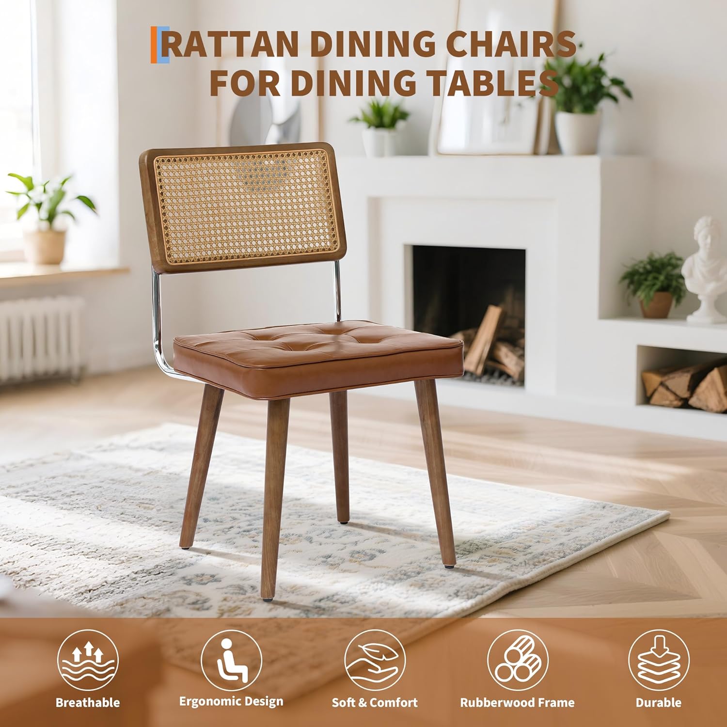 GarveeHome Natural Rattan Dining Chairs Set of 2, PU Upholstered Kitchen Chairs with Tall Cane Backrest and Strong Wood Legs for Dining Room, Kitchen, Restaurant, Brown