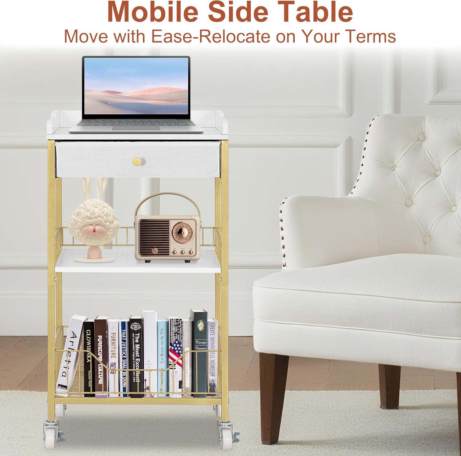 Gold & White Side Table with Storage Basket, Tall End Table with Drawer, 4-Tier Bathroom Storage Shelf with Optional Wheels, Nightstand for Dorm, Living Room, Bedroom