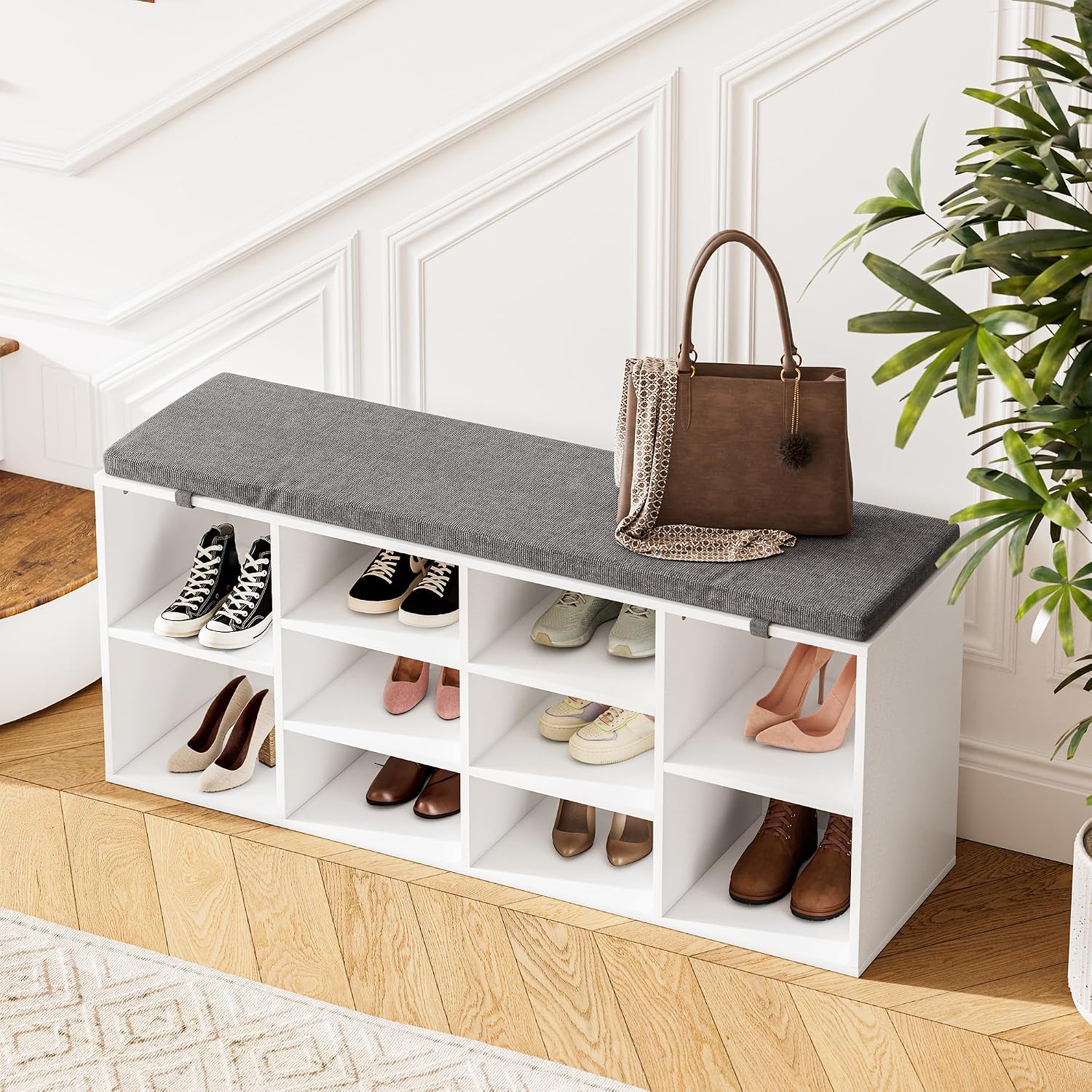 41" Shoe Storage Bench with Cushion, Entryway Shoe Rack with 10 Cubbies, Multifunctional Shoe Organizer Bench for Hallway, Bedroom, Living Room, White