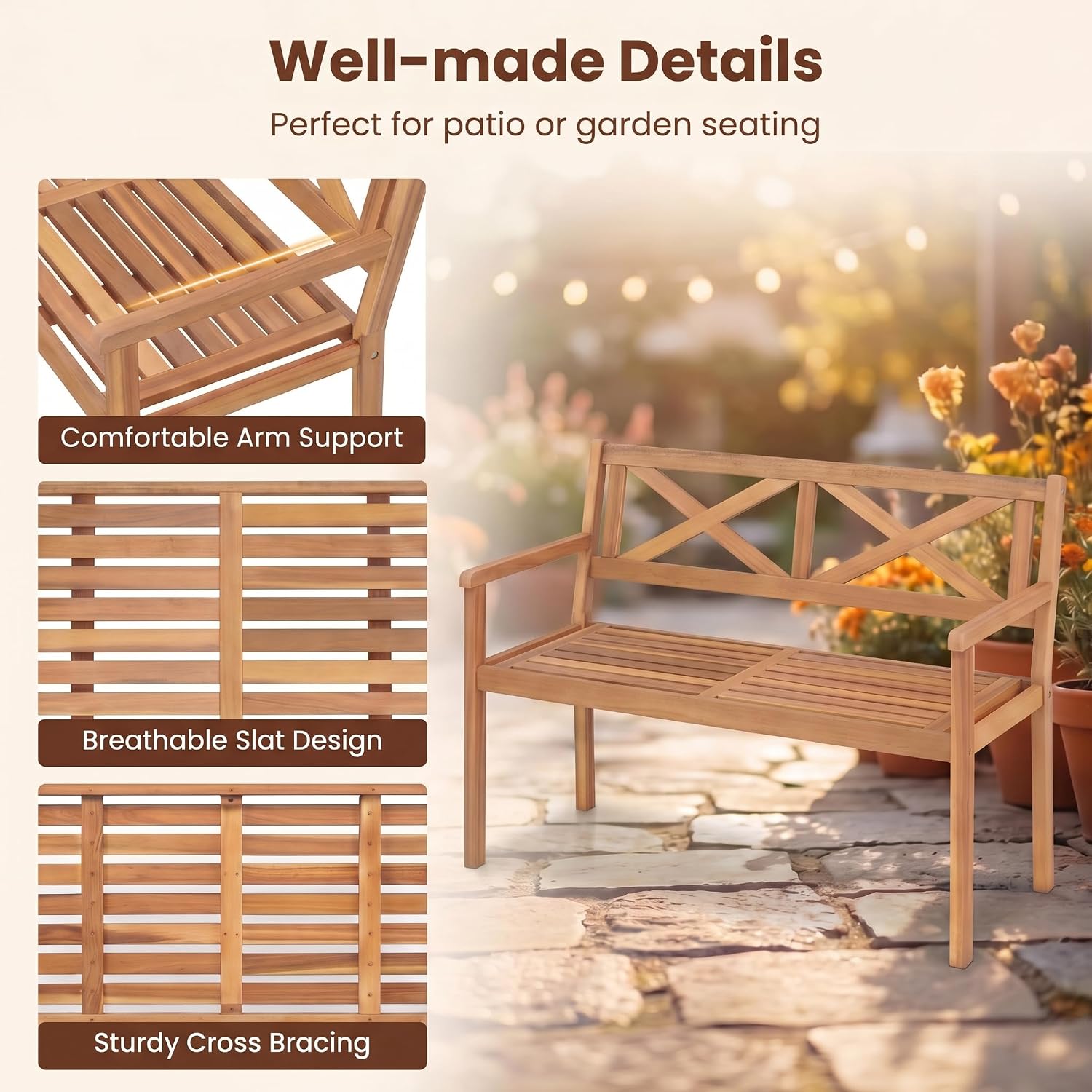 Giantex 2-Person Outdoor Bench, 47" Patio Acacia Wood Loveseat with Slatted Seat, Armrests & X-Shaped Backrest, Wooden Garden Seating for Backyard, Porch, Deck, Poolside