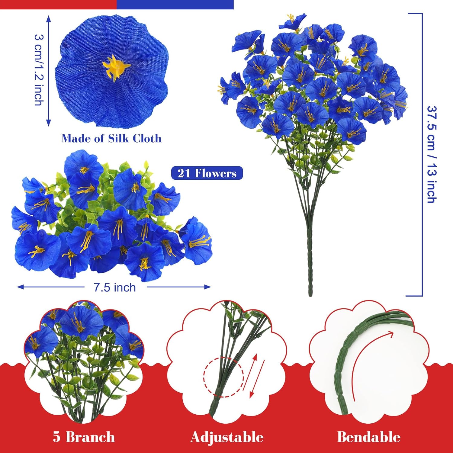12 Pcs Red White Blue Artificial Flower Outdoor UV Resistant Petunias Patriotic Silk Flower 4th of July Decor USA Independence Short Stem Faux Cemetery Flowers Pot Window Garden 250 Anniversary Decor