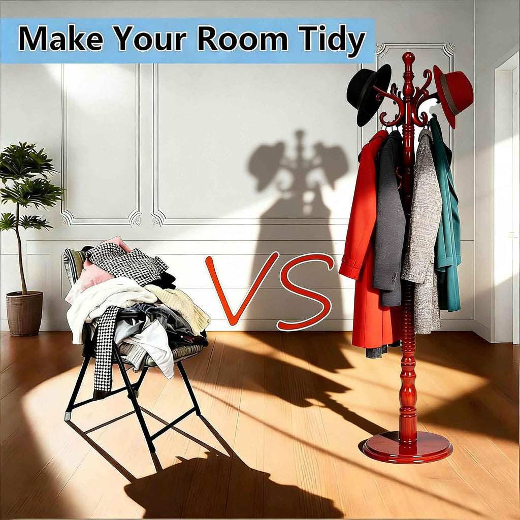 Coat Rack Freestanding, Wooden Coat Rack Stand with Sturdy Round Base, Vintage Coat Racks with 18 Hooks, Coat Hanger Stand for Entryway, Hallway,Bedroom (Reddish brown)