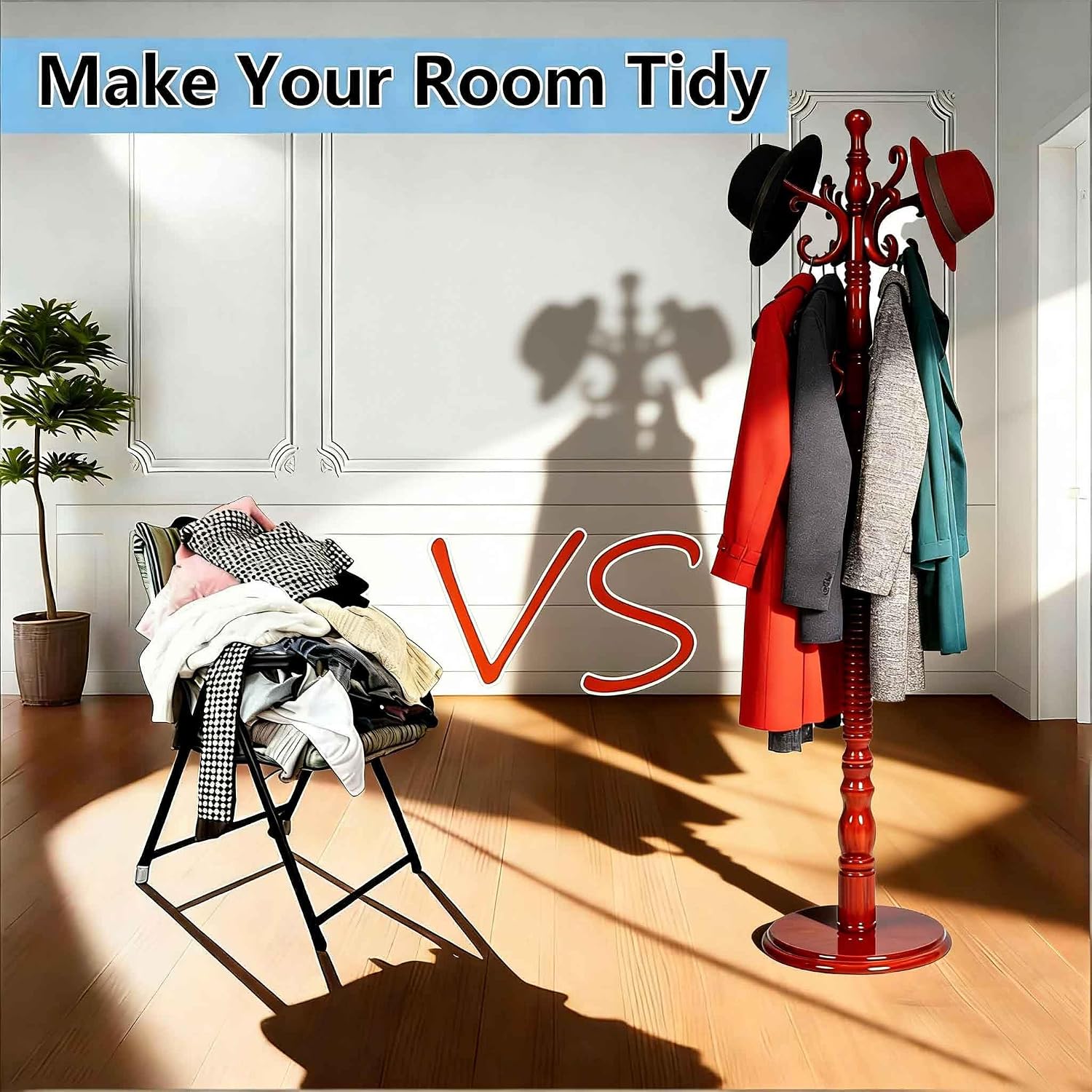 Coat Rack Freestanding, Wooden Coat Rack Stand with Sturdy Round Base, Vintage Coat Racks with 18 Hooks, Coat Hanger Stand for Entryway, Hallway,Bedroom (Reddish brown)