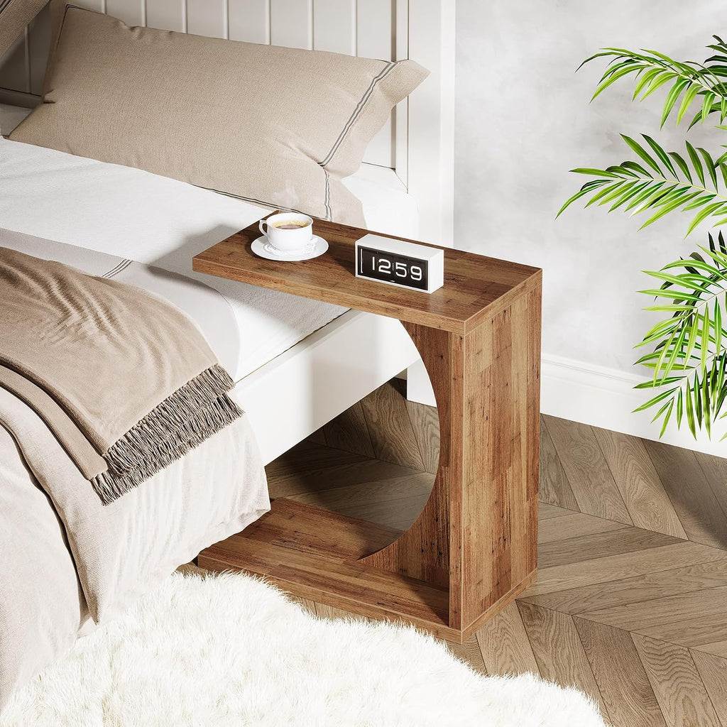 Tribesigns C-Shaped End Table for Couch, Small Bedside Table for Sofa, Wooden Nightstand for Living Room Bedroom Laptop Work Desk, Walnut Brown, 11.81" D x 23.62" W x 25.59" H