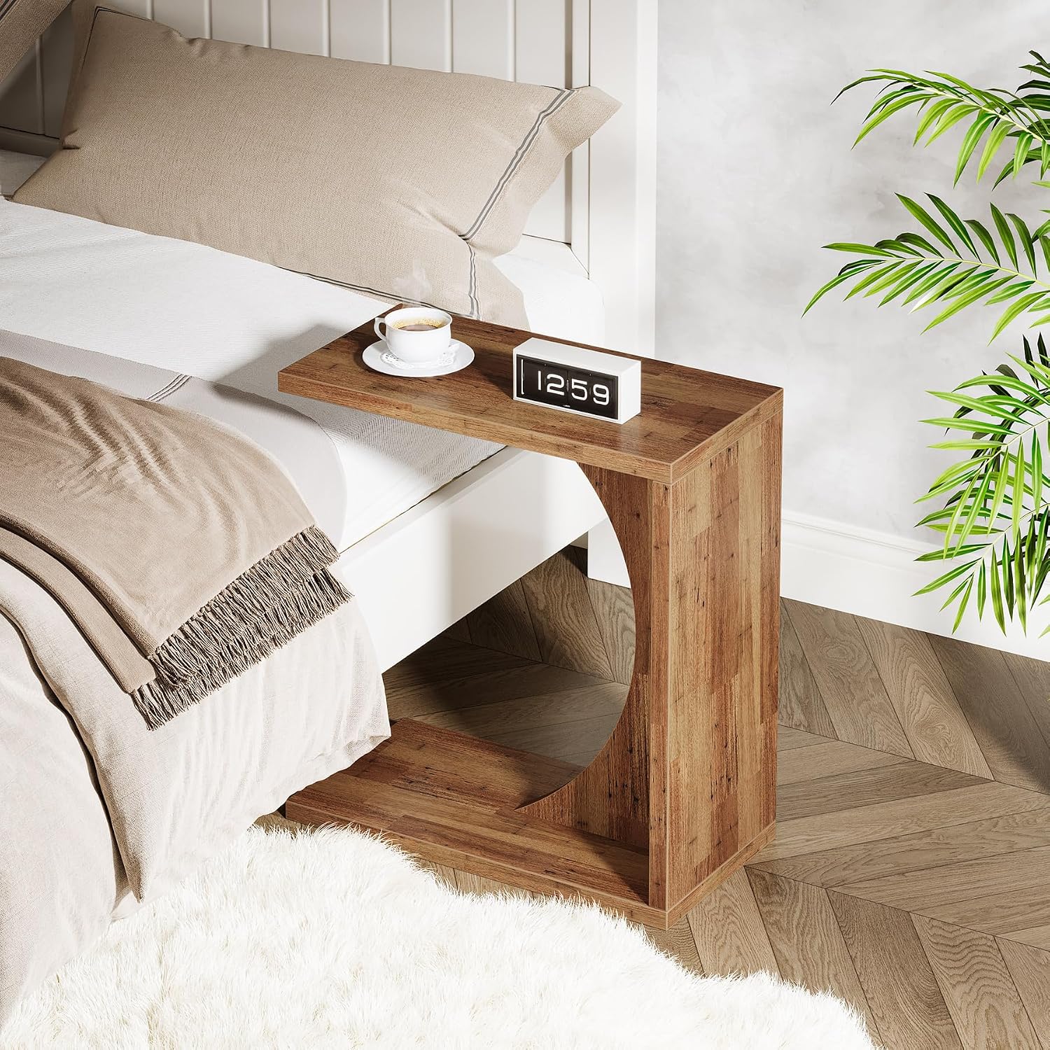 Tribesigns C-Shaped End Table for Couch, Small Bedside Table for Sofa, Wooden Nightstand for Living Room Bedroom Laptop Work Desk, Walnut Brown, 11.81" D x 23.62" W x 25.59" H