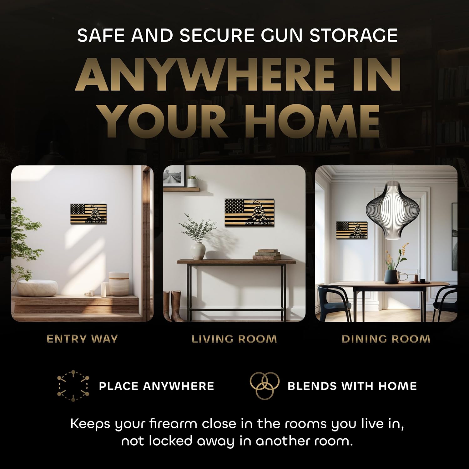 Bellewood Designs Hidden Gun Shelf - Dont Tread on Me Concealment Shelf - Quick Access Patriotic Hidden Gun Storage with Magnetic Lock - Safe & Secure Gun Concealment Furniture - Made in USA