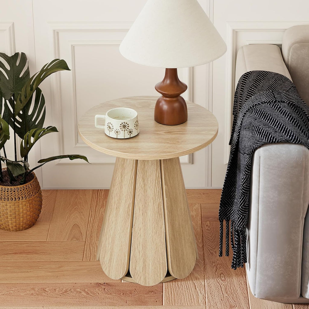 Small Round End Table Nightstand, Mid Century Modern Side Table with Petal Base, Wood Bedside Table for Bedroom, Living Room, Small Space Natural