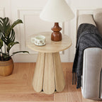 Small Round End Table Nightstand, Mid Century Modern Side Table with Petal Base, Wood Bedside Table for Bedroom, Living Room, Small Space Natural