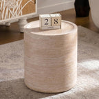 Henf Round End Table Faux Travertine Modern Sofa Side Table for Living Room, Modern Small Circle Faux Marble Side Table for Apartment, No Assembly Required