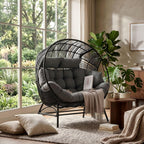 IRONCK Outdoor Round Egg Chair with Armrest, Double Lounge Chair with Cushions and Headrests, Wicker Egg Seat for Patio Backyard, Black
