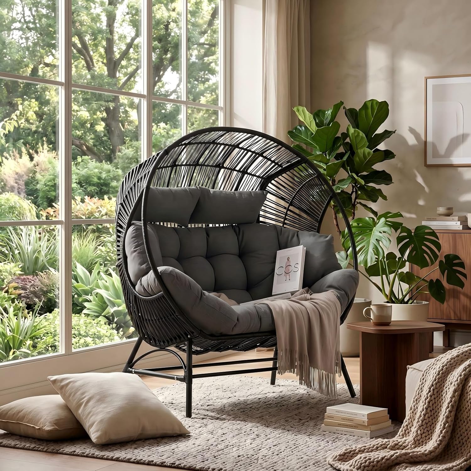 IRONCK Outdoor Round Egg Chair with Armrest, Double Lounge Chair with Cushions and Headrests, Wicker Egg Seat for Patio Backyard, Black