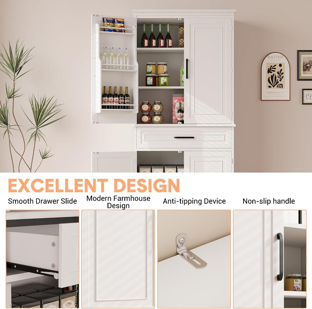 72in Tall Cabinet with Drawer, 6 Doors and Adjustable Shelves, Large Kitchen Pantry Storage Cabinet for Dining Room, Living Room, White