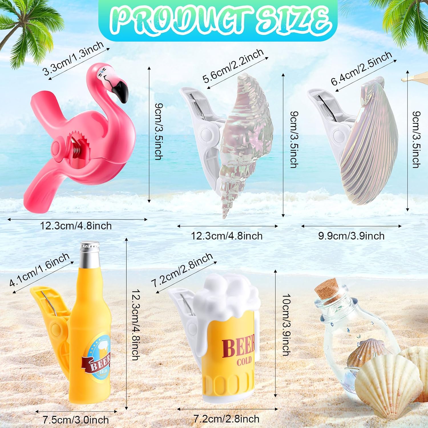 CHENGU 10 Pcs Beach Towel Clips Towel Clips Chair Holders for Beach Chairs Jumbo Size Plastic Clothes Pins Flamingo Parrot Pineapple Watermelon Seashell Ice Cream Beer Mug(Distinctive Style)