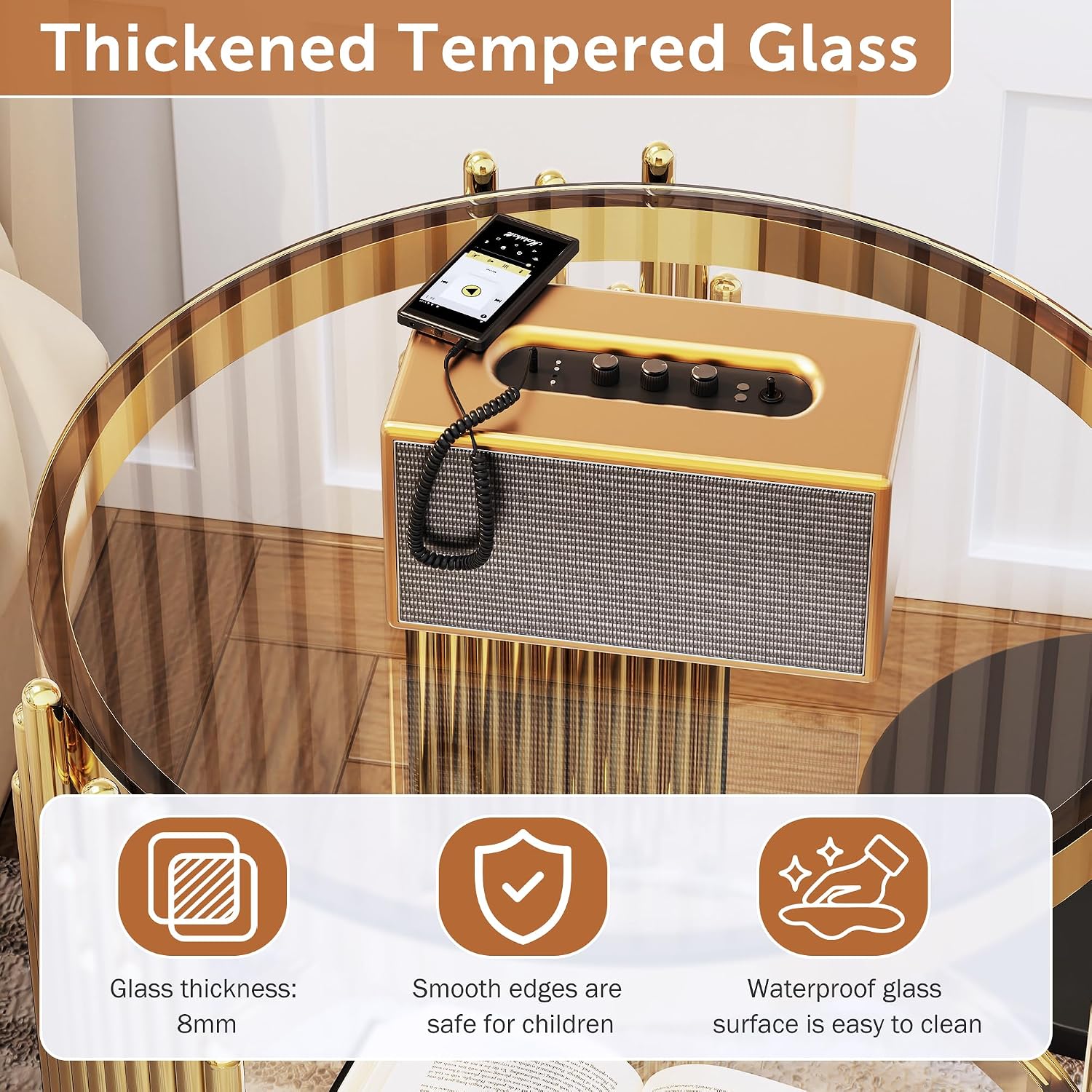 Luxury Gold Round Glass End Table Set of 2, 19.7" Modern Side Table with Stainless Steel Irregular Leg Clear Tempered Glass Tabletop, Accent Furniture for Living Room, Clear