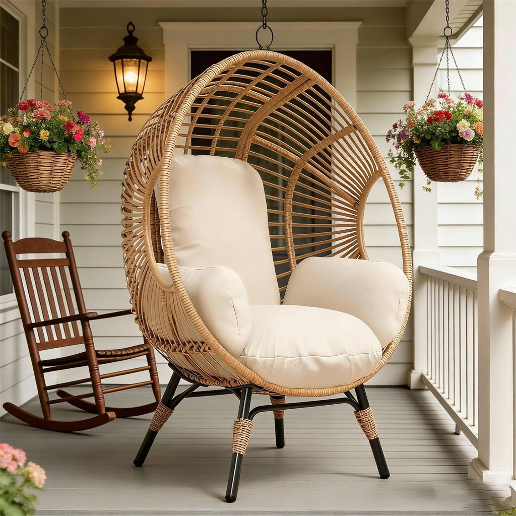 Outdoor Egg Chair Wicker Indoor, 8-Inch Deep Comfort Cushion, 400lbs Capacity, Semi-Enclosed Balcony Chairs(Natural)
