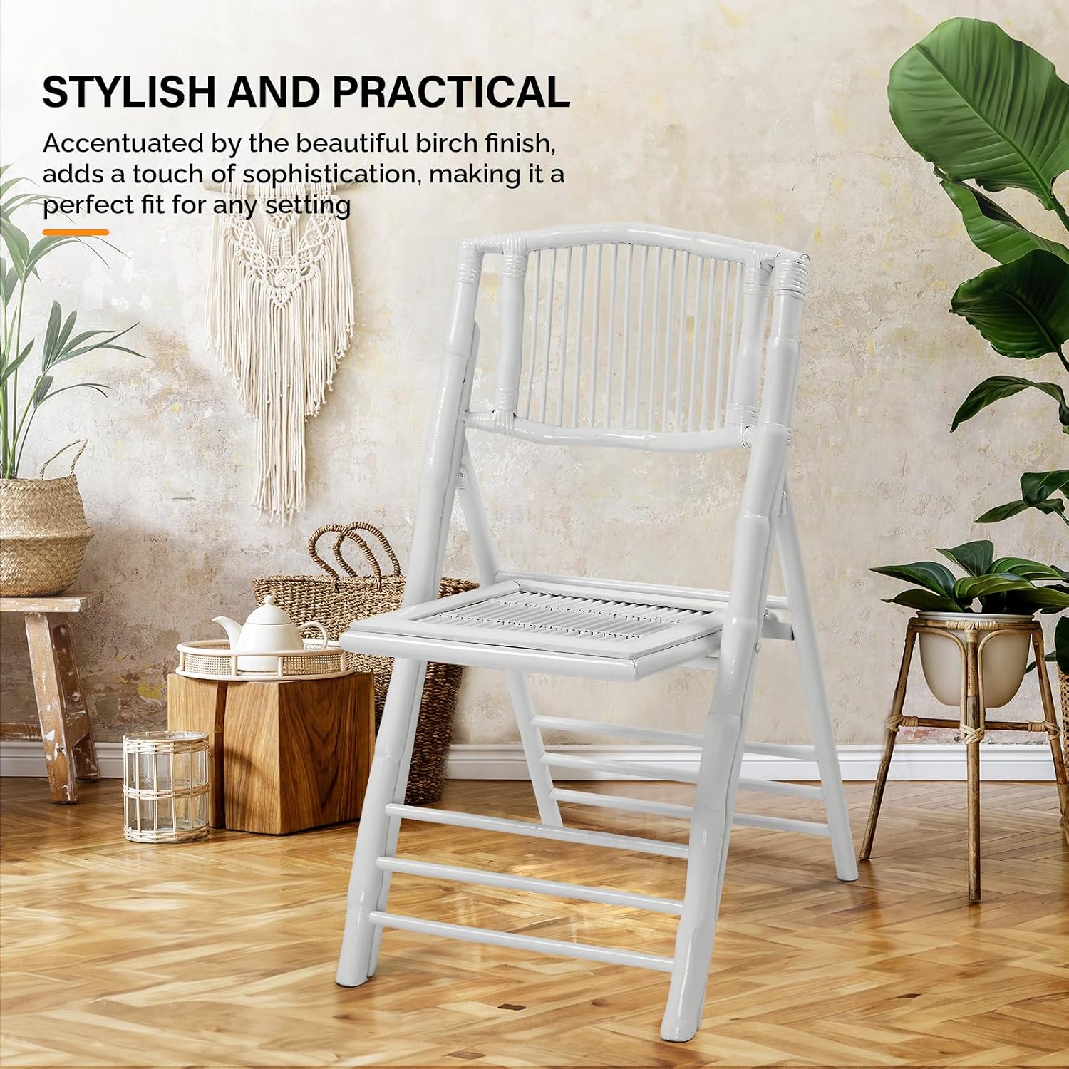 VINGLI Bamboo Folding Chair, Foldable Dining Wood Chairs Comfortable Seat for Outdoor & Indoor, Patio, Porch, Wedding, Party, Event,White (4 Pack)