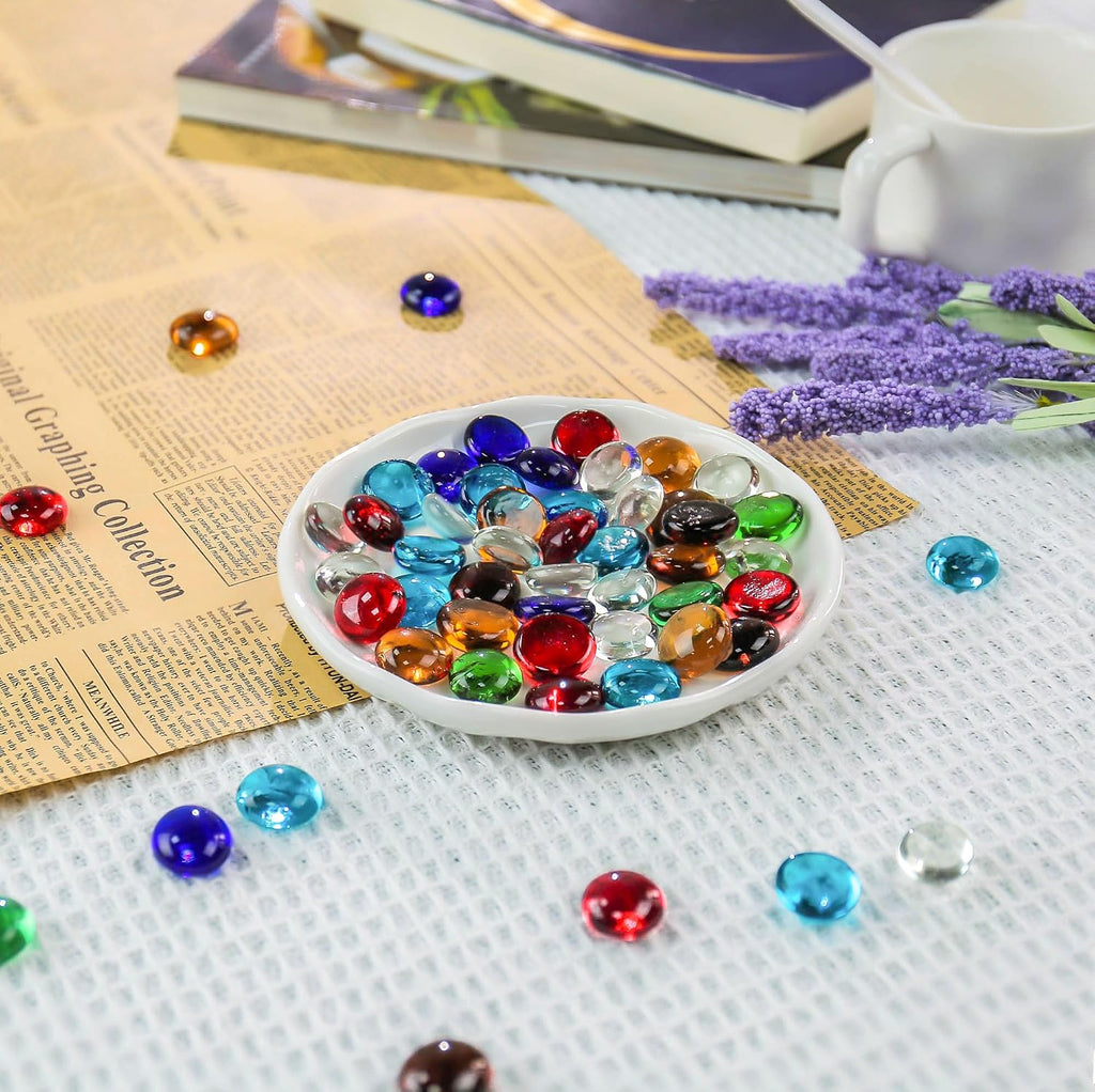 CYS EXCEL Assorted Mix Colors Glass Gemstone Beads Vase Fillers (1 LB) Flat Marble Beads Multiple Color Choices Aquarium Decor Rocks Floral Stones Decorative Mosaic Gem Pebbles (Approx. 85-100 PCS)