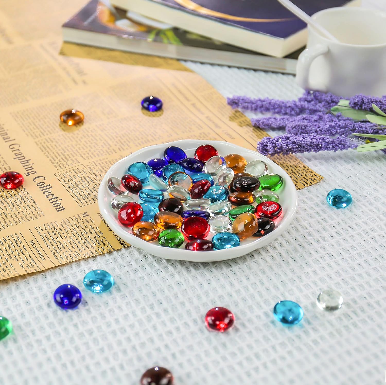 CYS EXCEL Assorted Mix Colors Glass Gemstone Beads Vase Fillers (1 LB) Flat Marble Beads Multiple Color Choices Aquarium Decor Rocks Floral Stones Decorative Mosaic Gem Pebbles (Approx. 85-100 PCS)