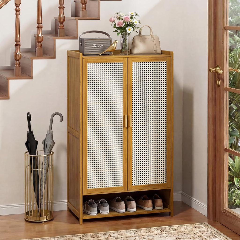 Shoe Cabinet with Doors, 7-Tier Bamboo Shoe Storage Cabinet for Entryway, Freestanding Shoe Rack Cabinet for Hallway Apartment, 43" Tall Modern Farmhouse Style, Holds 24 Pairs，Brown