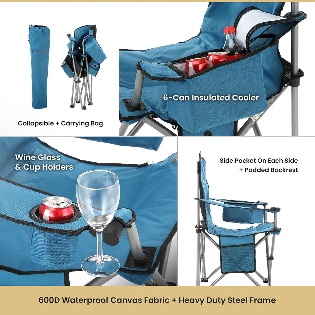 ARROWHEAD OUTDOOR Heated Camping Chair – Heavy-Duty Portable Folding Chair with 3 Heat Modes, 6-Can Cooler, Cup & Wine Glass Holder – Supports 330lbs