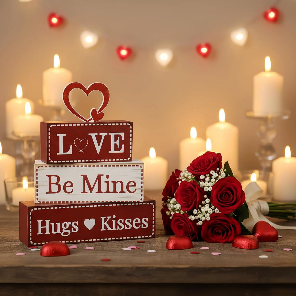 4 Pcs Valentine's Day Decorations, Wooden Valentines Decor for Home Table with Stacked Blocks & Heart Accent, Galentines Day Deco for Tiered Tray Farmhouse Shelf Mantle Home Office