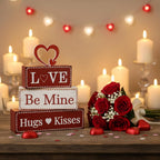 4 Pcs Valentine's Day Decorations, Wooden Valentines Decor for Home Table with Stacked Blocks & Heart Accent, Galentines Day Deco for Tiered Tray Farmhouse Shelf Mantle Home Office