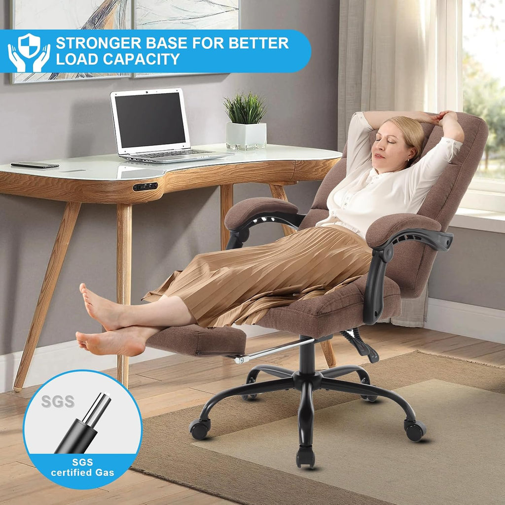 Erogonomic Reclining Office Chair with Footrest, High Back Fabric Cute Comfortable Recliner Office Desk Chair with Leg Foot Rest for Women,Brown