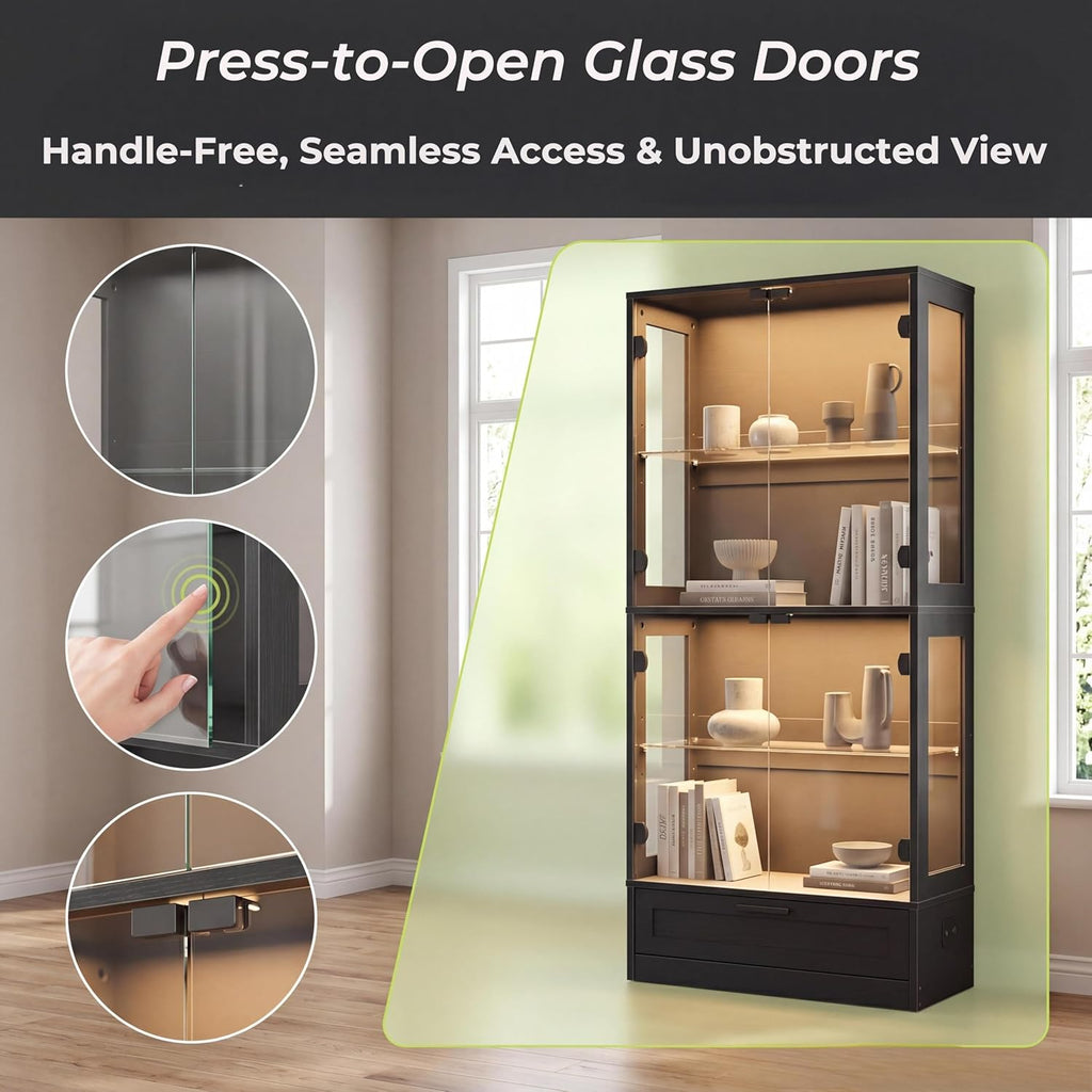 Glass Display Cabinet, 4-Tier Showcase with Drawer and Acrylic Layers, Glass Display Case & Bookcase with Human Body Sensor, 4-Tier Curio Cabinet with 3 Color Lights for Collectibles, Black