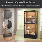 Glass Display Cabinet, 4-Tier Showcase with Drawer and Acrylic Layers, Glass Display Case & Bookcase with Human Body Sensor, 4-Tier Curio Cabinet with 3 Color Lights for Collectibles, Black