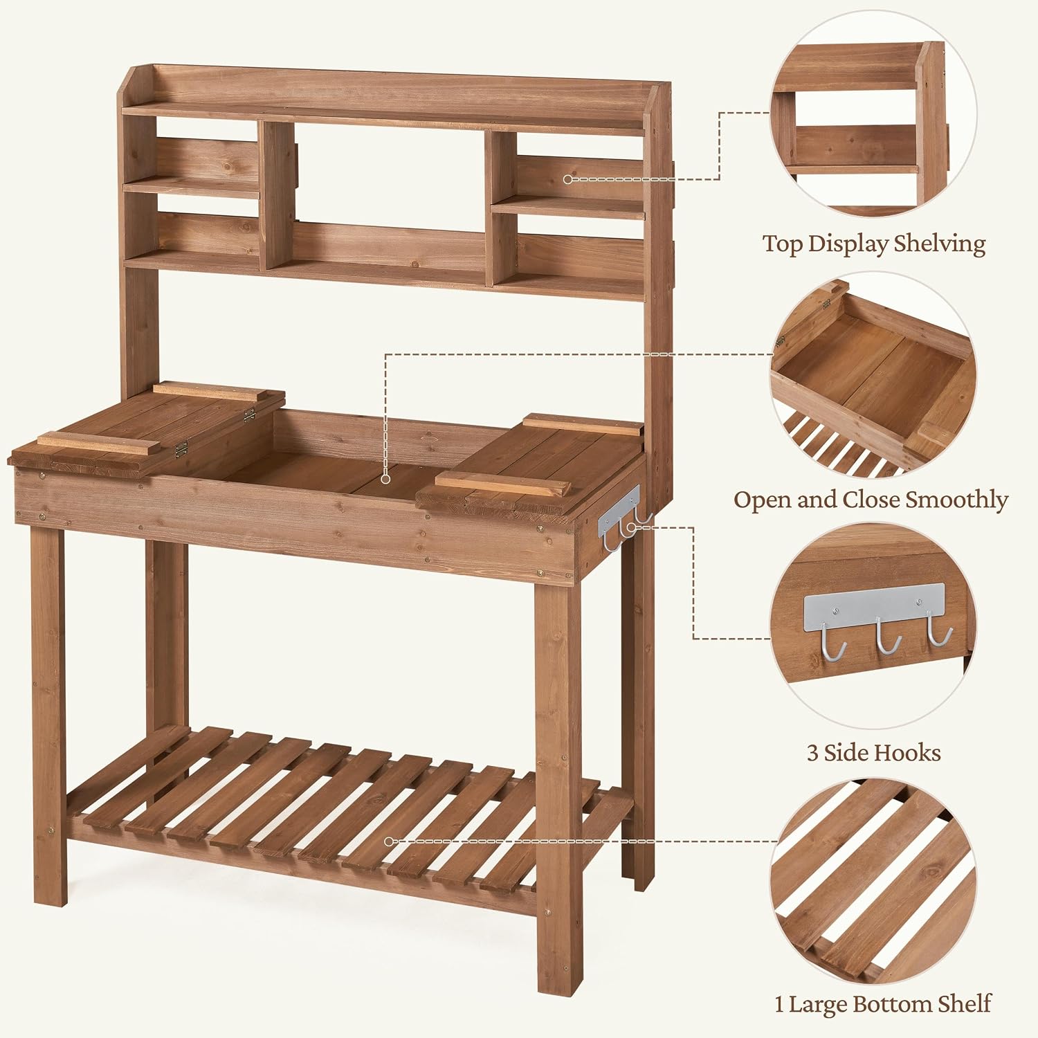 Topeakmart Potting Bench Germination Table - Wood Garden Work Bench Flatform w/Display Rack/Practical Storage Prganizer for Backyard, Patio and Balcony, Brown