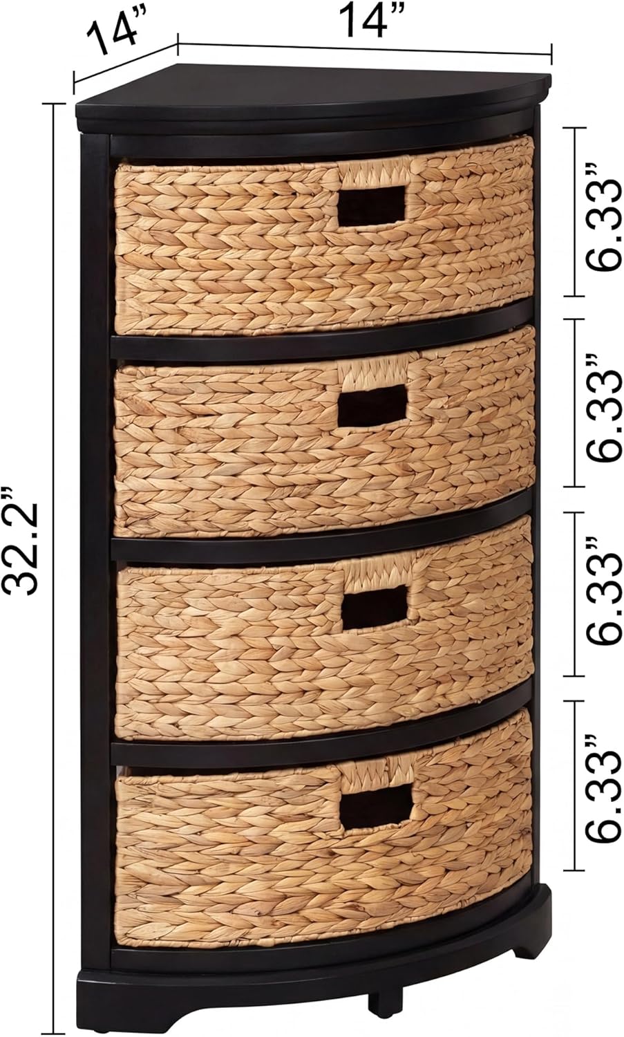 eHemco Hampton Meadows 4 Tier X-Side Corner Table Storage Cabinet with 4 Wicker Baskets, Black, 32.2 Inches High, 14 Inches Wide