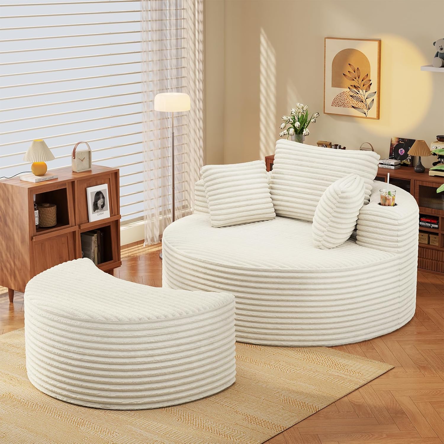 Round Chaise Lounge with Ottoman, Boneless Cloud Corduroy Curved Reading Lounge Sofa Chair with Cup Holders, Circle Memory Foam Chaise Chair and Ottoman Set for Study, Living Room, Sunroom, Beige