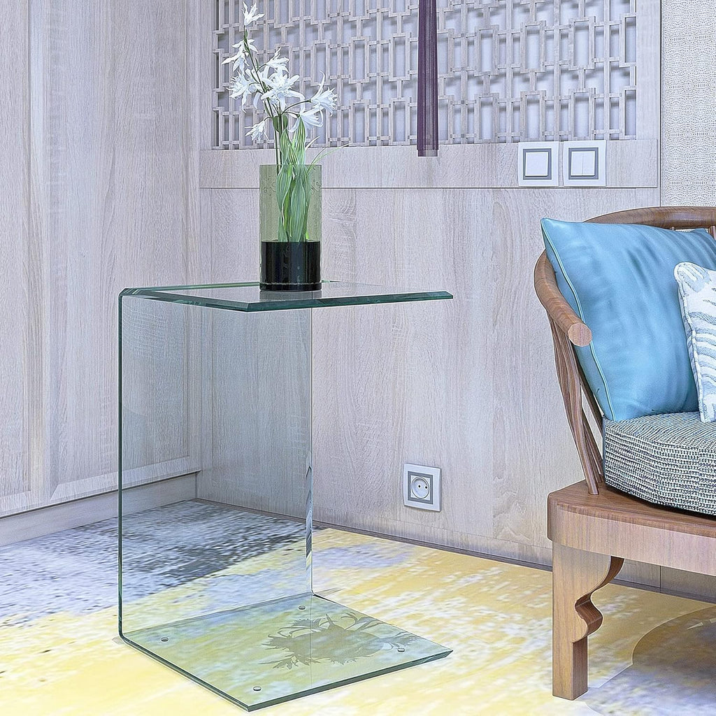 15.36" 2-Piece Glass End Table, C Shaped Side Table Set of 2 Clear Tempered Glass Snack Table Modern Nightstand Bedside Table for Living Room, Bedroom, Office, Bathroom