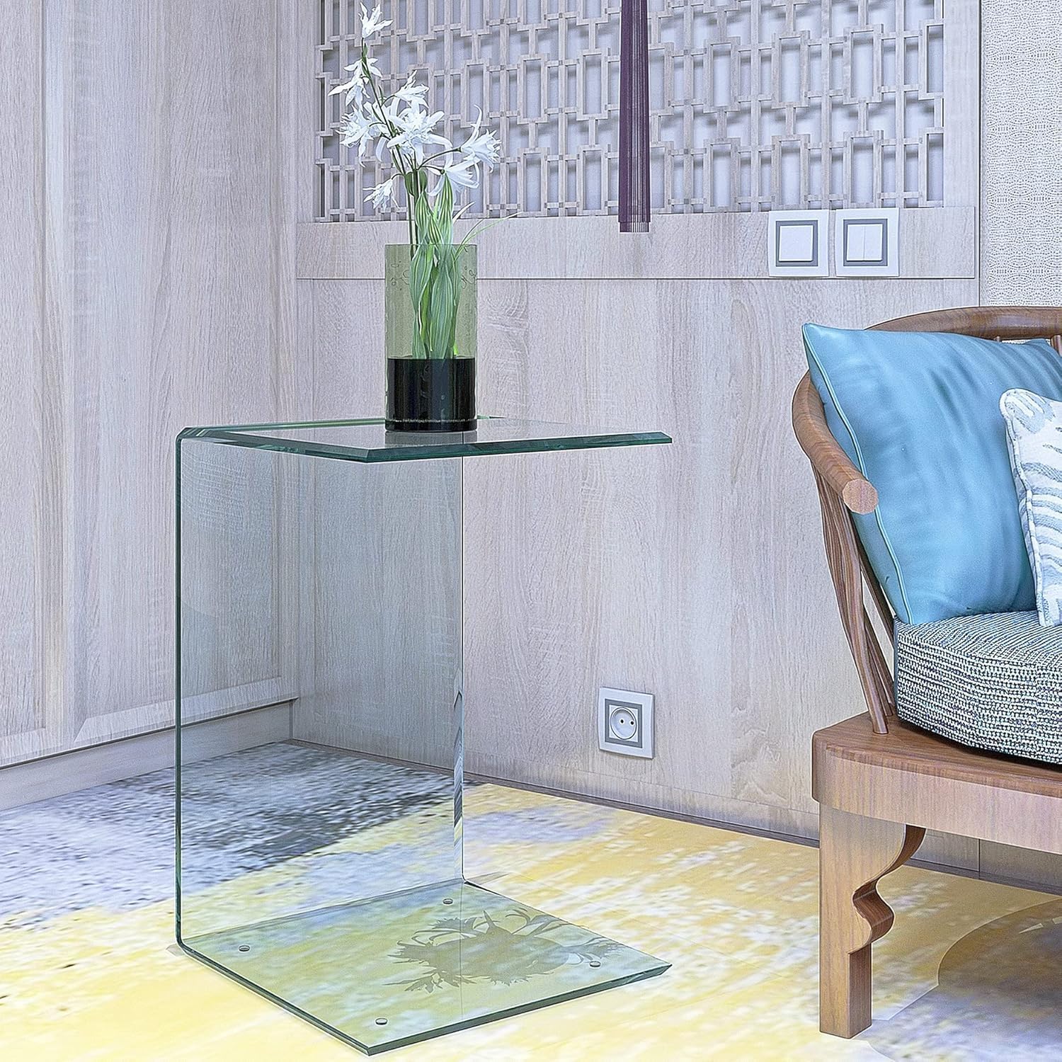 15.36" 2-Piece Glass End Table, C Shaped Side Table Set of 2 Clear Tempered Glass Snack Table Modern Nightstand Bedside Table for Living Room, Bedroom, Office, Bathroom