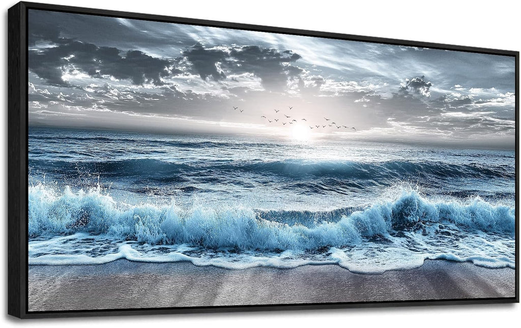 ERQINHUA Large Wall Decor For Bedroom Wall Art For Living Room Office Decor Blue Beach Sea Wave Paintings Sunrise Ocean Seascape Wall Pictures Canvas Artwork Modern Home Decor Black Frame 30x60 In