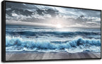 ERQINHUA Large Wall Decor For Bedroom Wall Art For Living Room Office Decor Blue Beach Sea Wave Paintings Sunrise Ocean Seascape Wall Pictures Canvas Artwork Modern Home Decor Black Frame 30x60 In