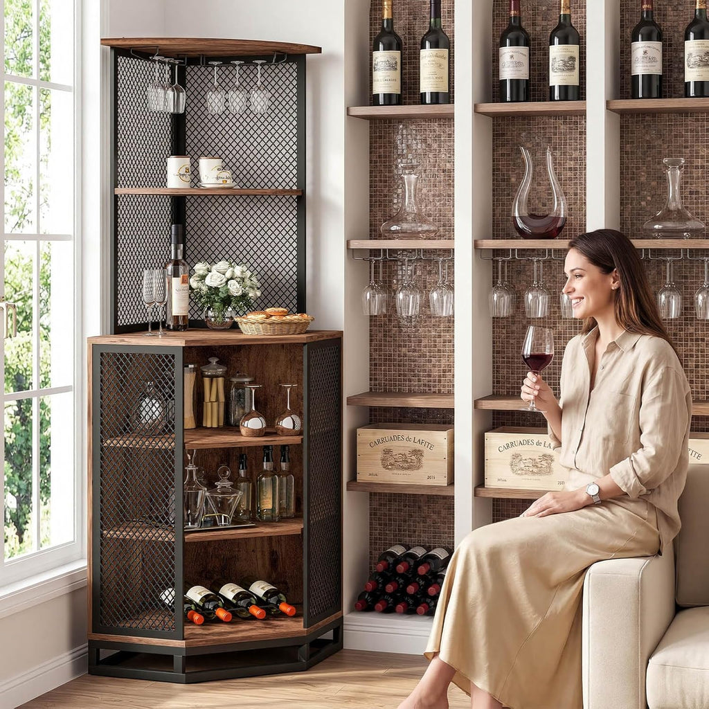 IBF Corner Bar Cabinet 71" Tall Wine Display with Glass Holder, Sturdy 5-Tier Industrial Farmhouse Liquor Storage with Adjustble Shelf，Anti-Tipping Design for Home Kitchen Small Space, Rustic Brown