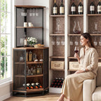 IBF Corner Bar Cabinet 71" Tall Wine Display with Glass Holder, Sturdy 5-Tier Industrial Farmhouse Liquor Storage with Adjustble Shelf，Anti-Tipping Design for Home Kitchen Small Space, Rustic Brown