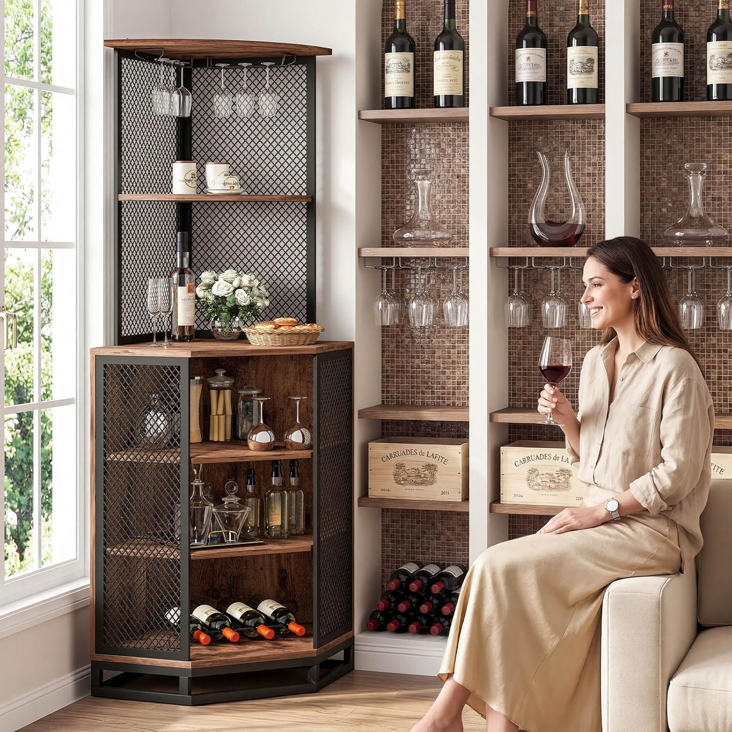 IBF Corner Bar Cabinet 71" Tall Wine Display with Glass Holder, Sturdy 5-Tier Industrial Farmhouse Liquor Storage with Adjustble Shelf，Anti-Tipping Design for Home Kitchen Small Space, Rustic Brown
